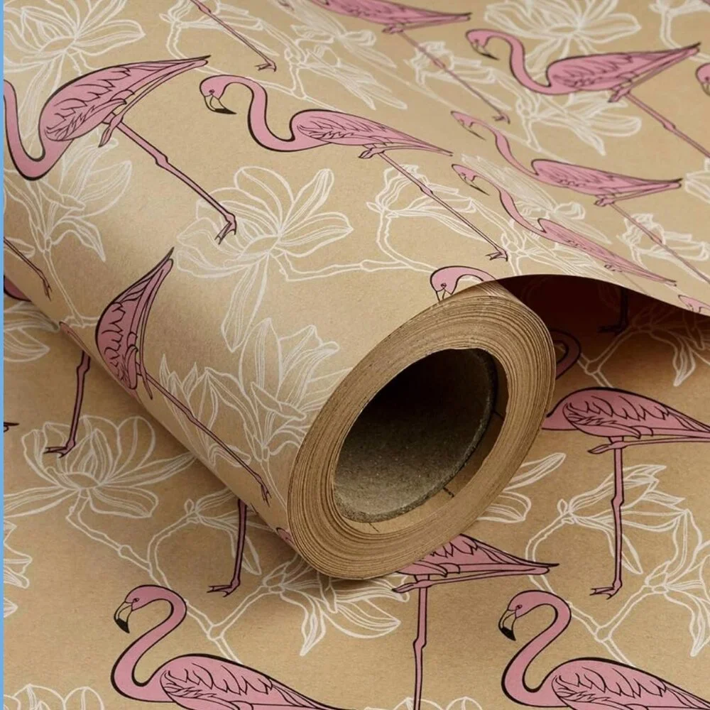 Ruspepa Flamingo and White Flower Print Wrapping Paper